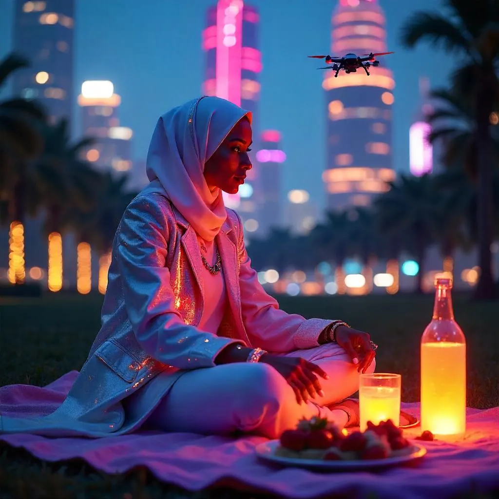Neon Picnic with a Cyberpunk Middle Eastern Woman