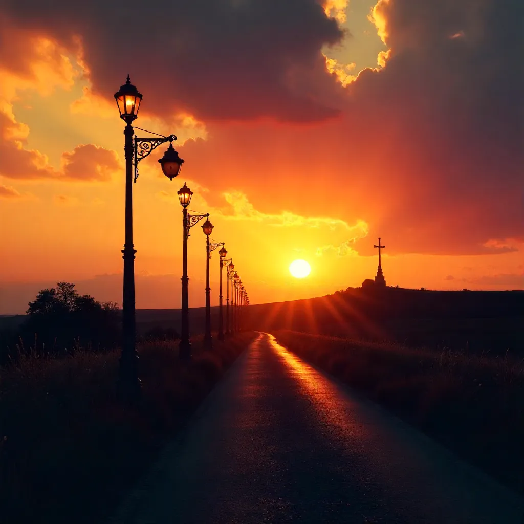 Silhouetted Lampposts and Cross at Sunset