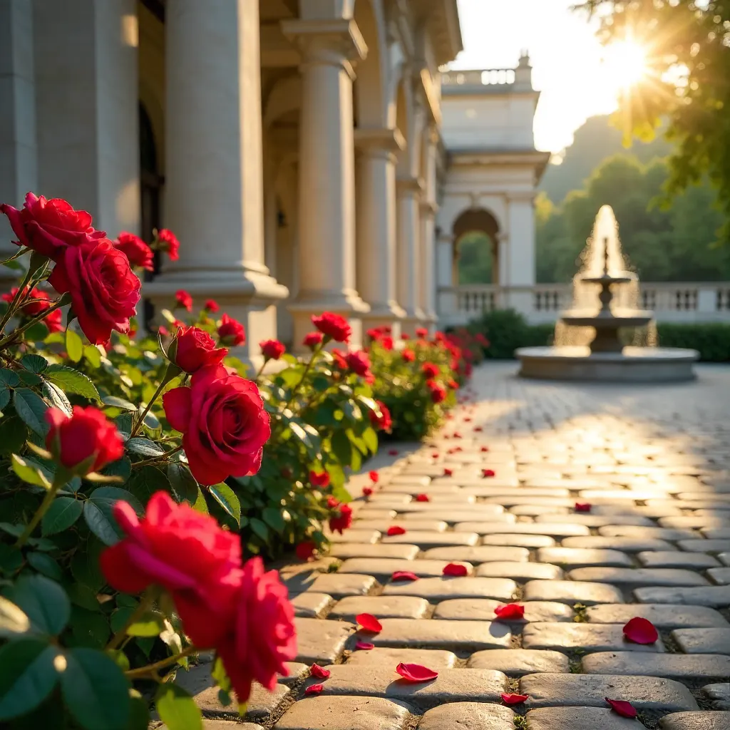 Roses and Classical Architecture in Golden Hour