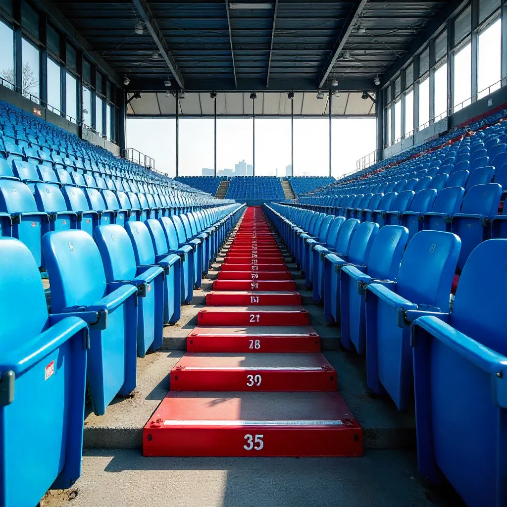 Symmetrical Rotterdam Stadium Seating: Blue Seats and Red Stairs