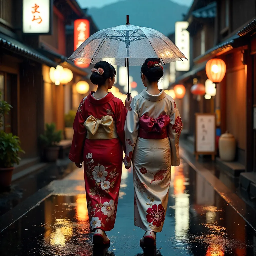 Two Women in Kimonos Under a Clear Umbrella in Kyoto Rain