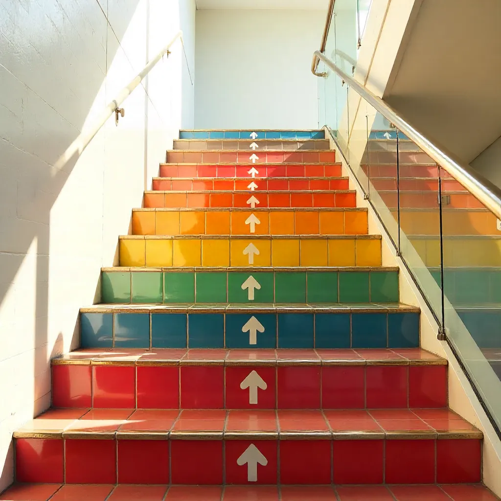 Vibrant Tile Staircase with Guiding Arrows