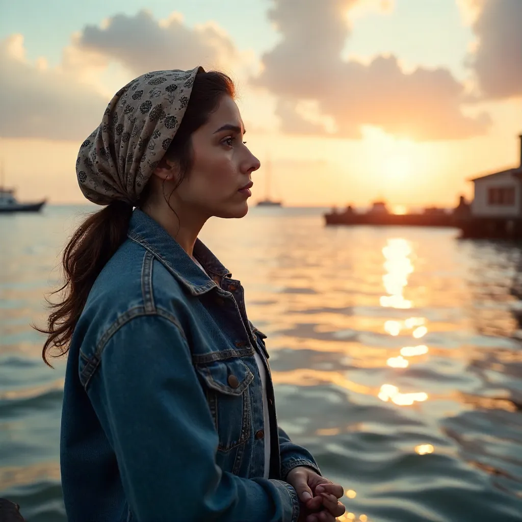 Sunset Reverie: Denim Jacket, Headscarf by the Water