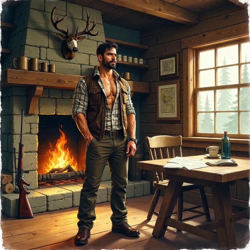Strong Latino Man in a Cozy Watercolor Hunting Lodge