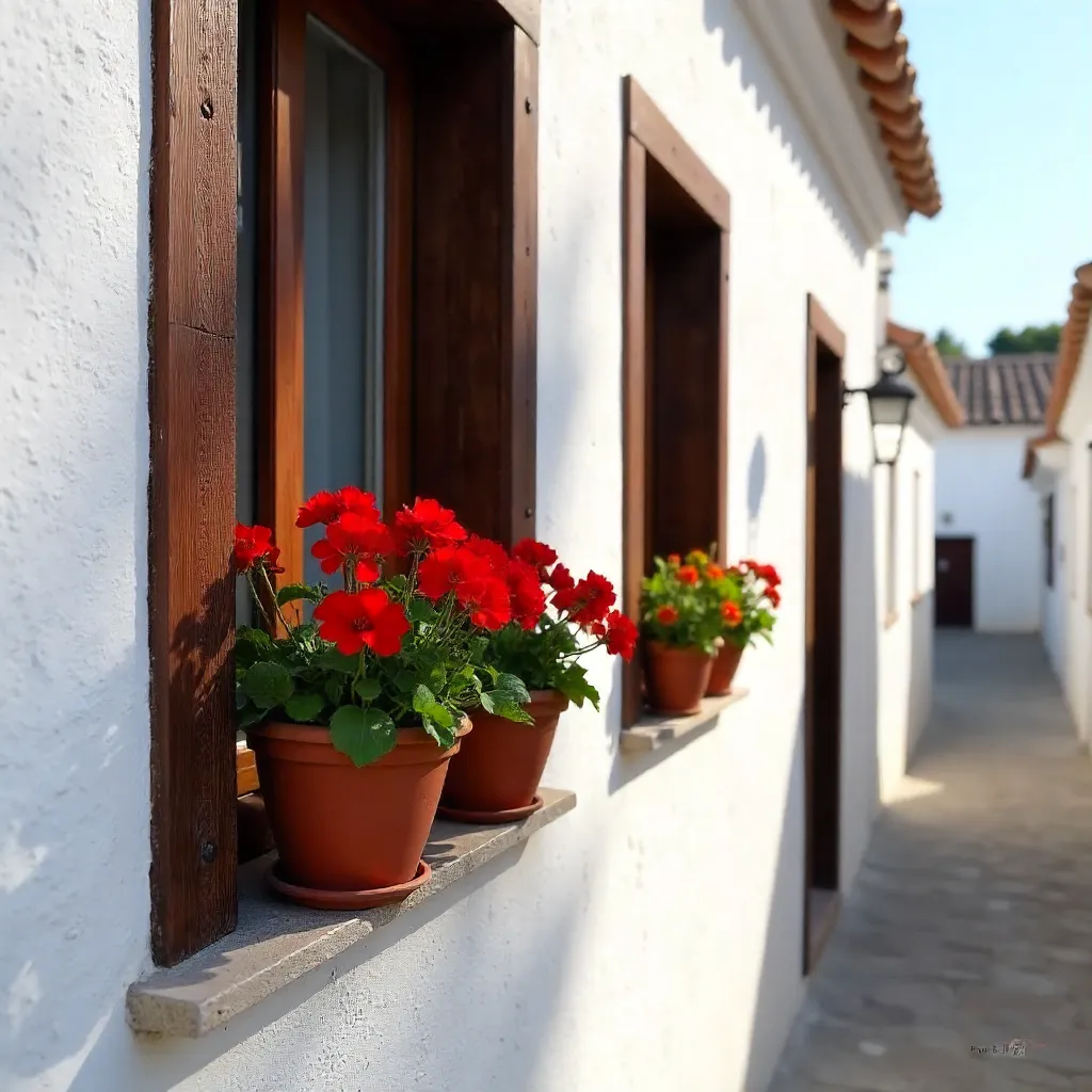 Vibrant Geraniums on a Whitewashed Spanish Window