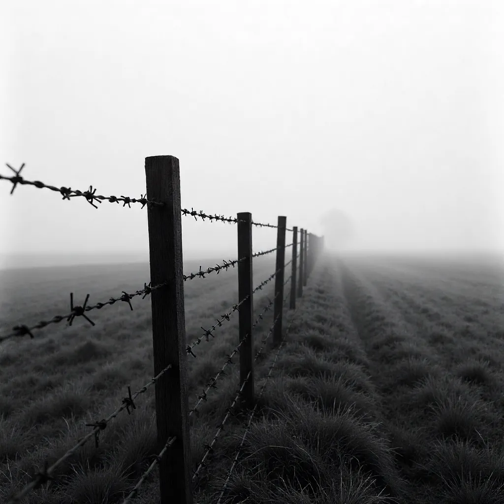 Foggy Bolu Field with Barbed Wire Fence (B&W)