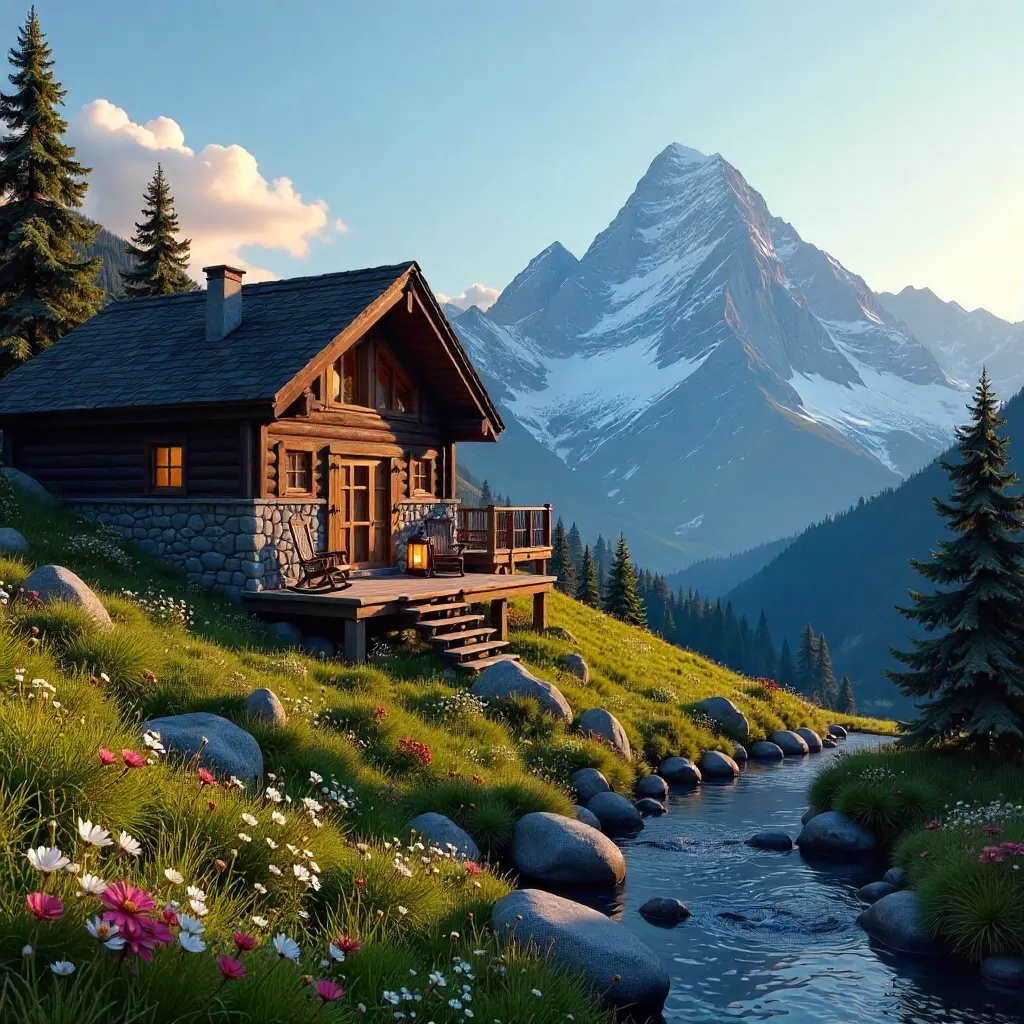 Picturesque Mountain Lodge Under Clear Blue Skies