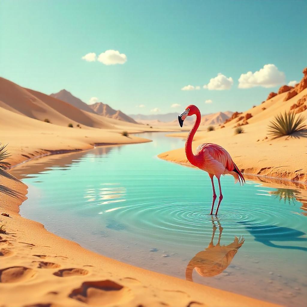 Photoreal Flamingo in a Desert Oasis