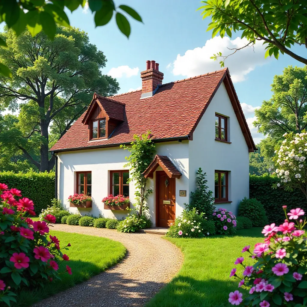 Sunlit White Cottage Among Blooming Shrubs