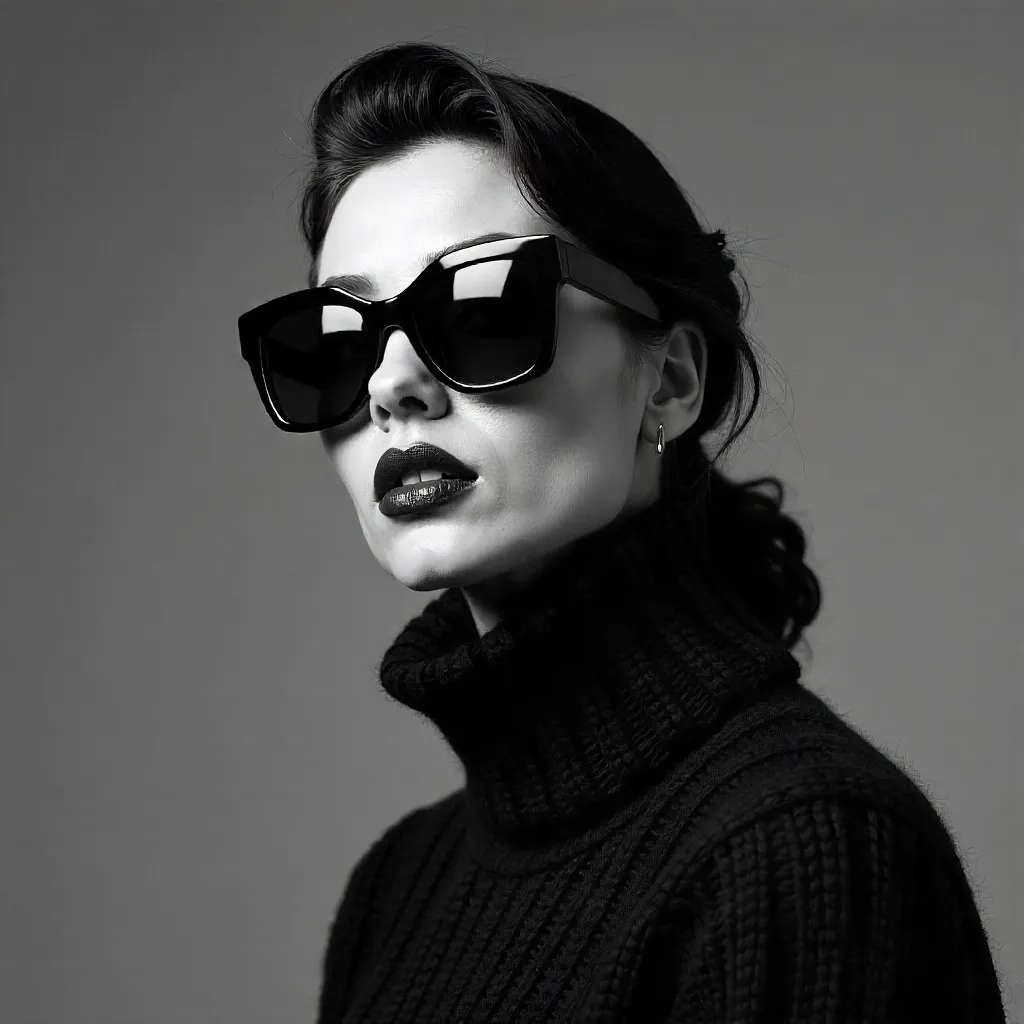 Monochrome Chic: Woman in Sunglasses and Woolen Sweater