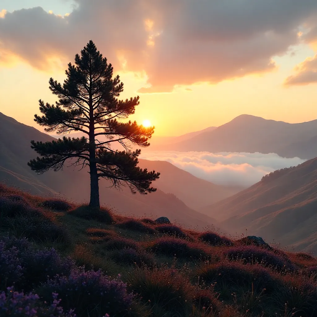 Silhouette of a Highland Tree at Sunrise