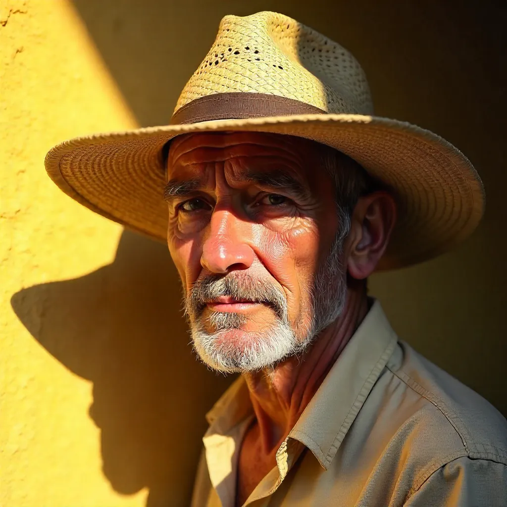 Sunlit Portrait: Elderly Man in a Straw Hat