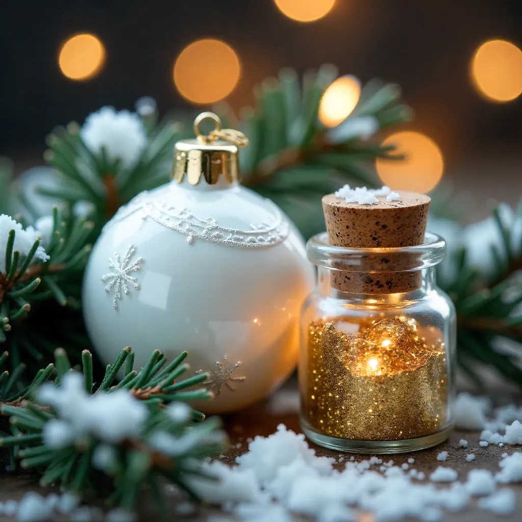White Ornament and Glitter Jar on Pine Branches