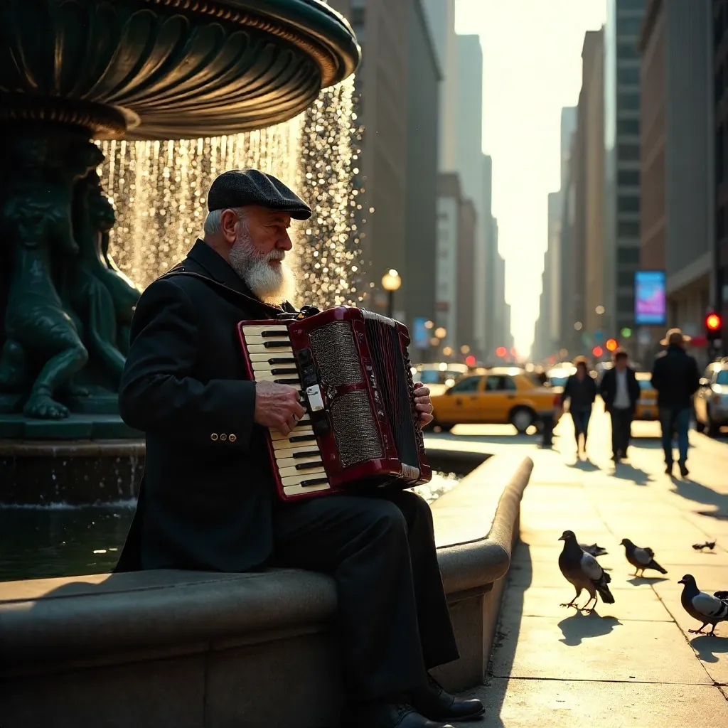 Accordionist by a New York City Fountain at Golden Hour