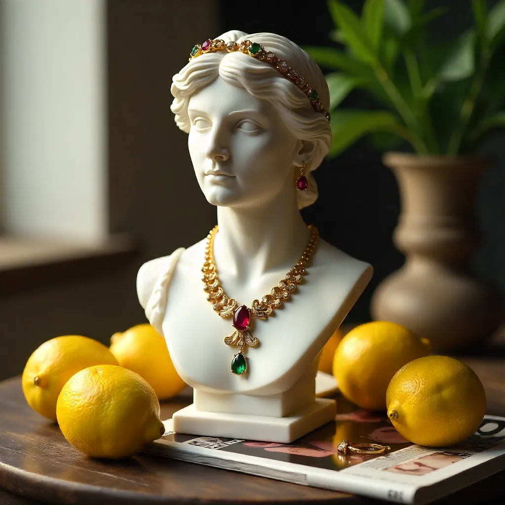 Lemons, Marble Bust, and Jewels: A Still Life