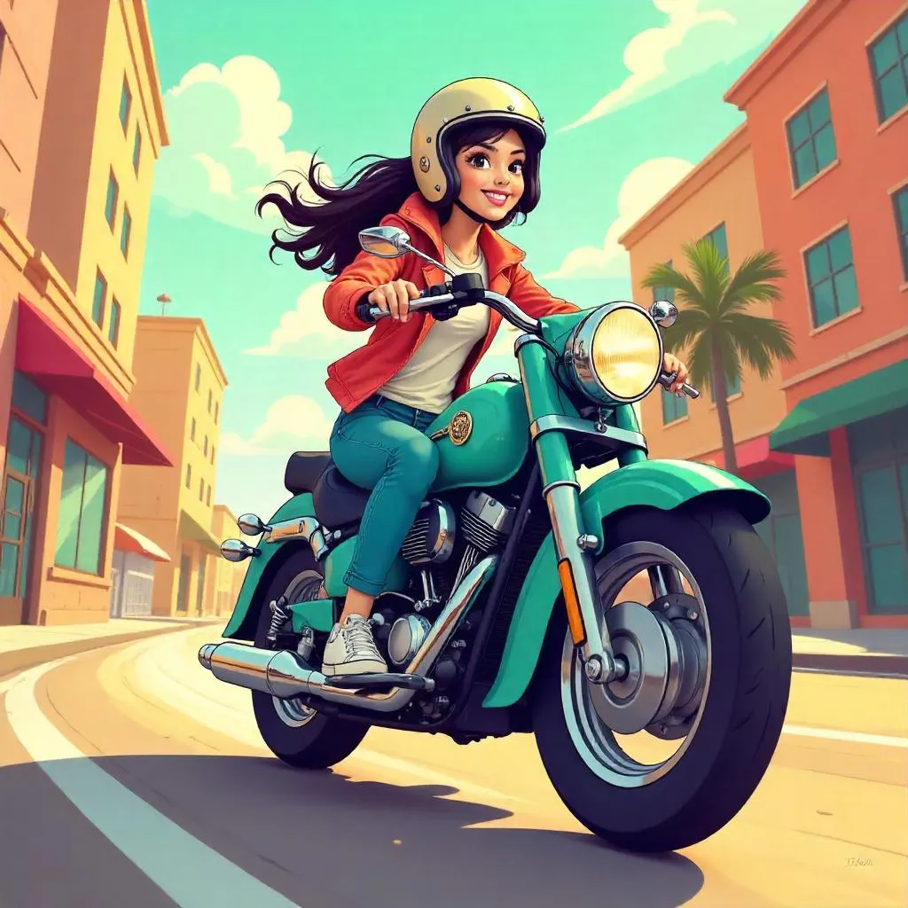Cheerful Asian Woman on a Motorcycle - Cartoon Style