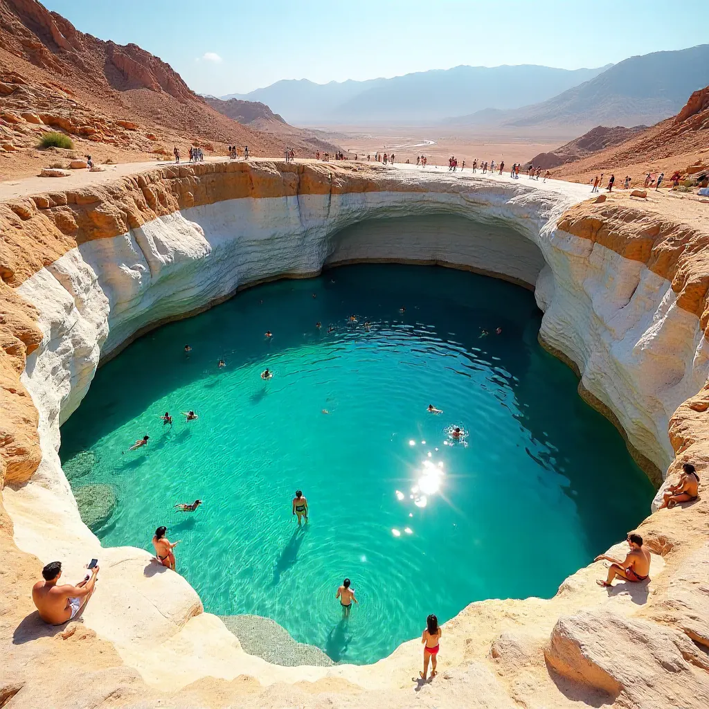 Turquoise Haven: Tourists swimming at Bimmah Sinkhole, Oman
