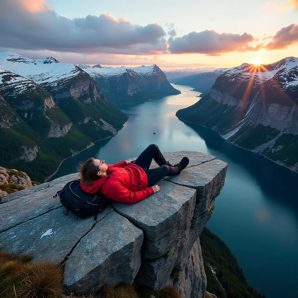 Lying on Trolltunga Above Vestland Fjords at Sunset