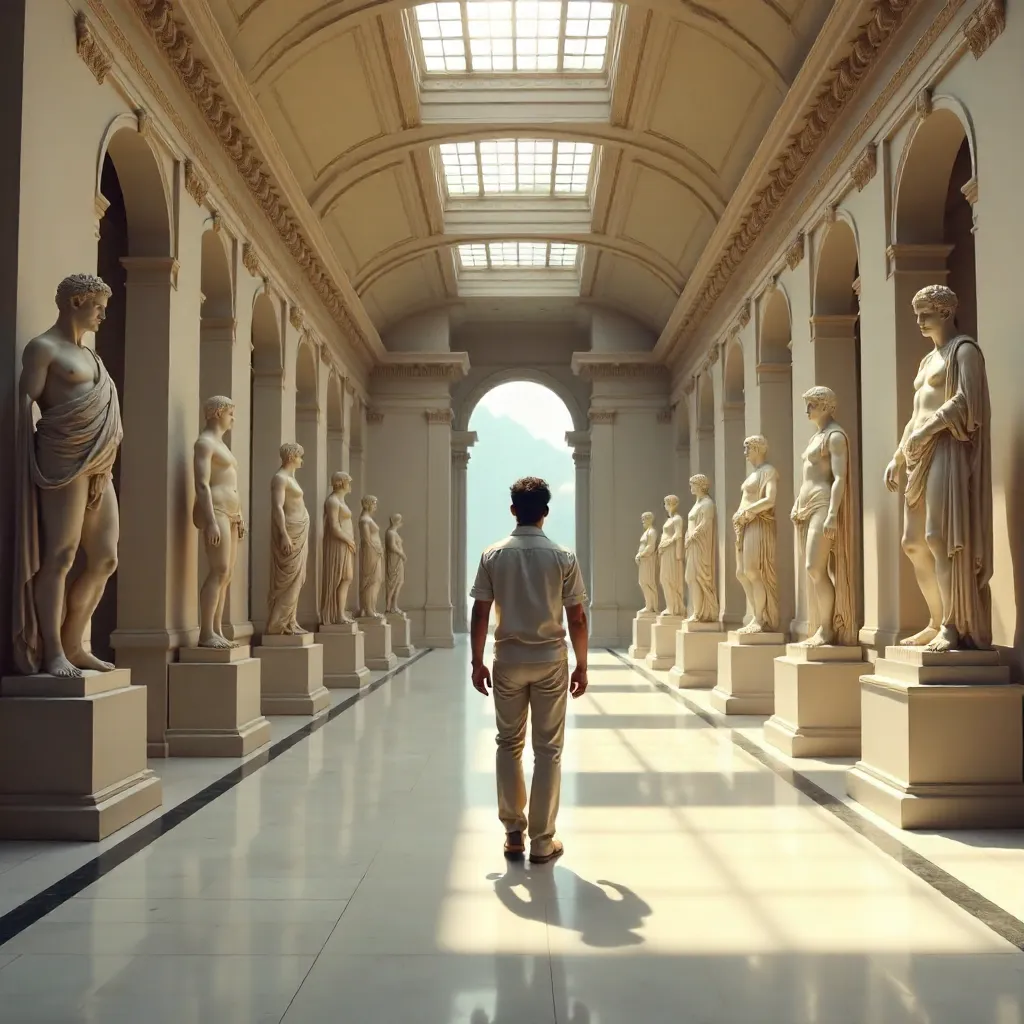 Contemplative Youth in a Serene Classical Hall