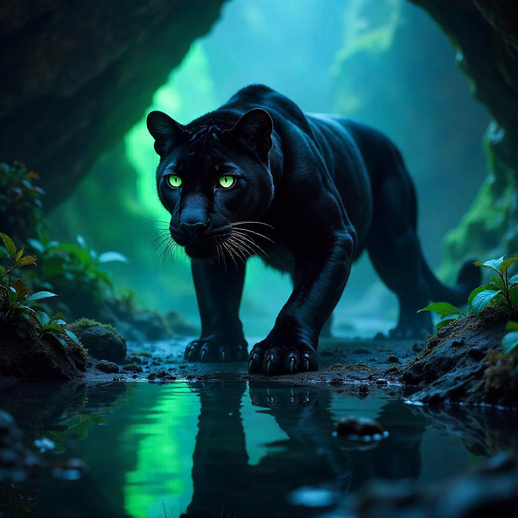 Panther Stalking in a Bioluminescent Cave
