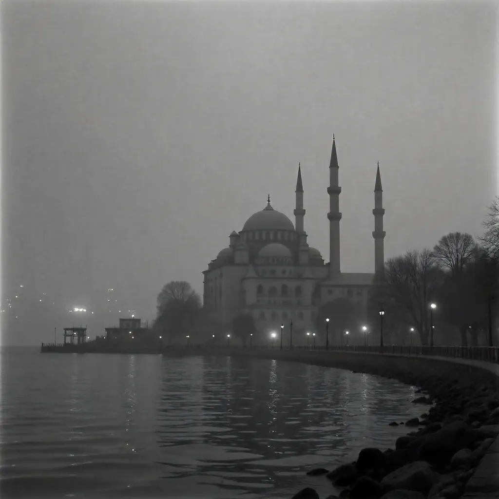 Fogbound Istanbul Mosque by the Bosphorus, Mono