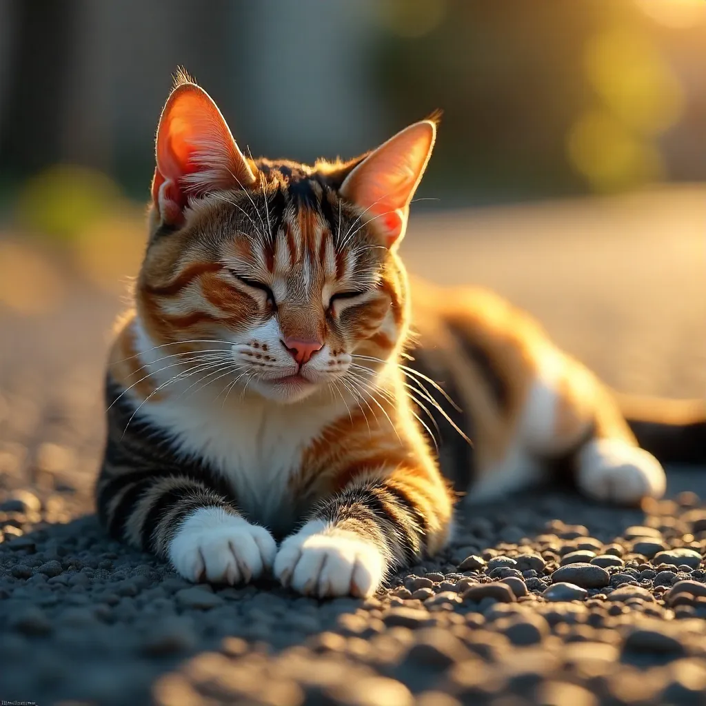 Sunlit Calico Cat on Textured Pavement