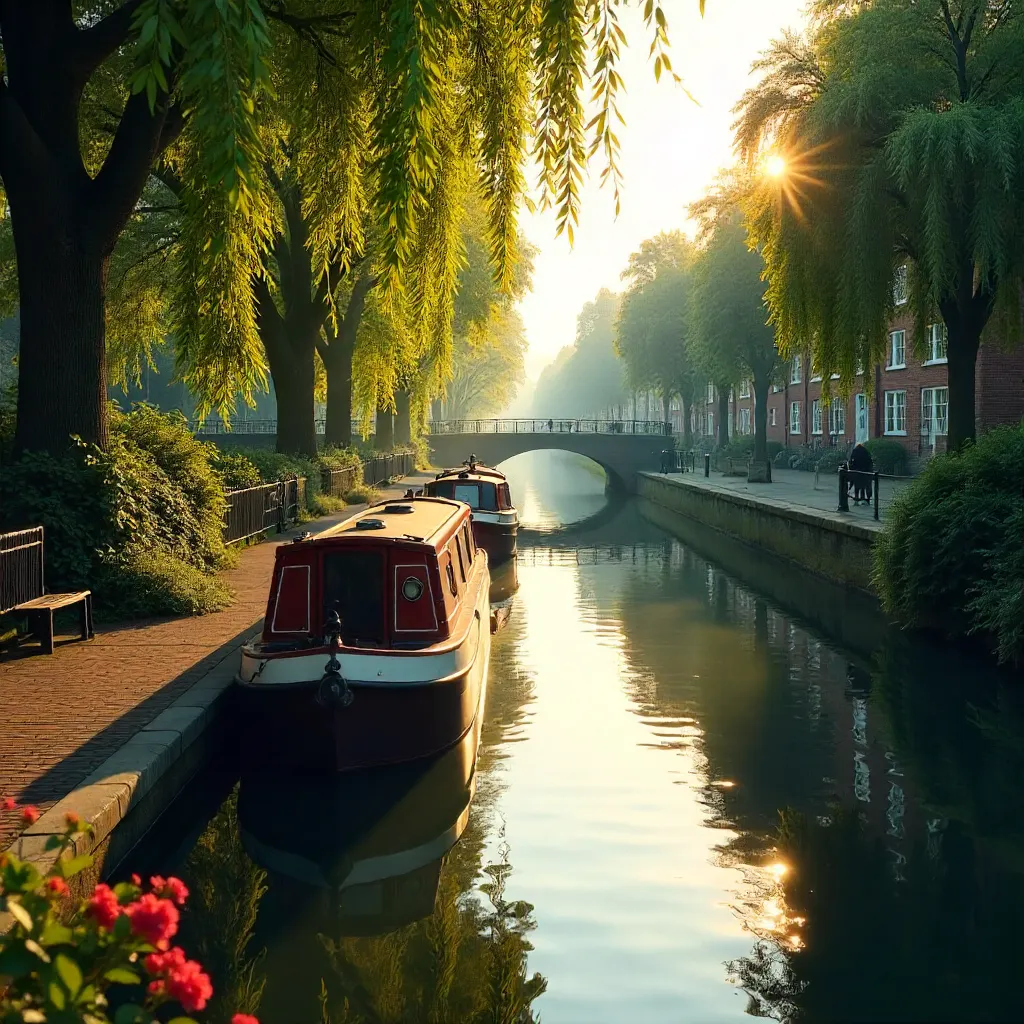 Tranquil London Canal: Moored Narrowboat and Foliage