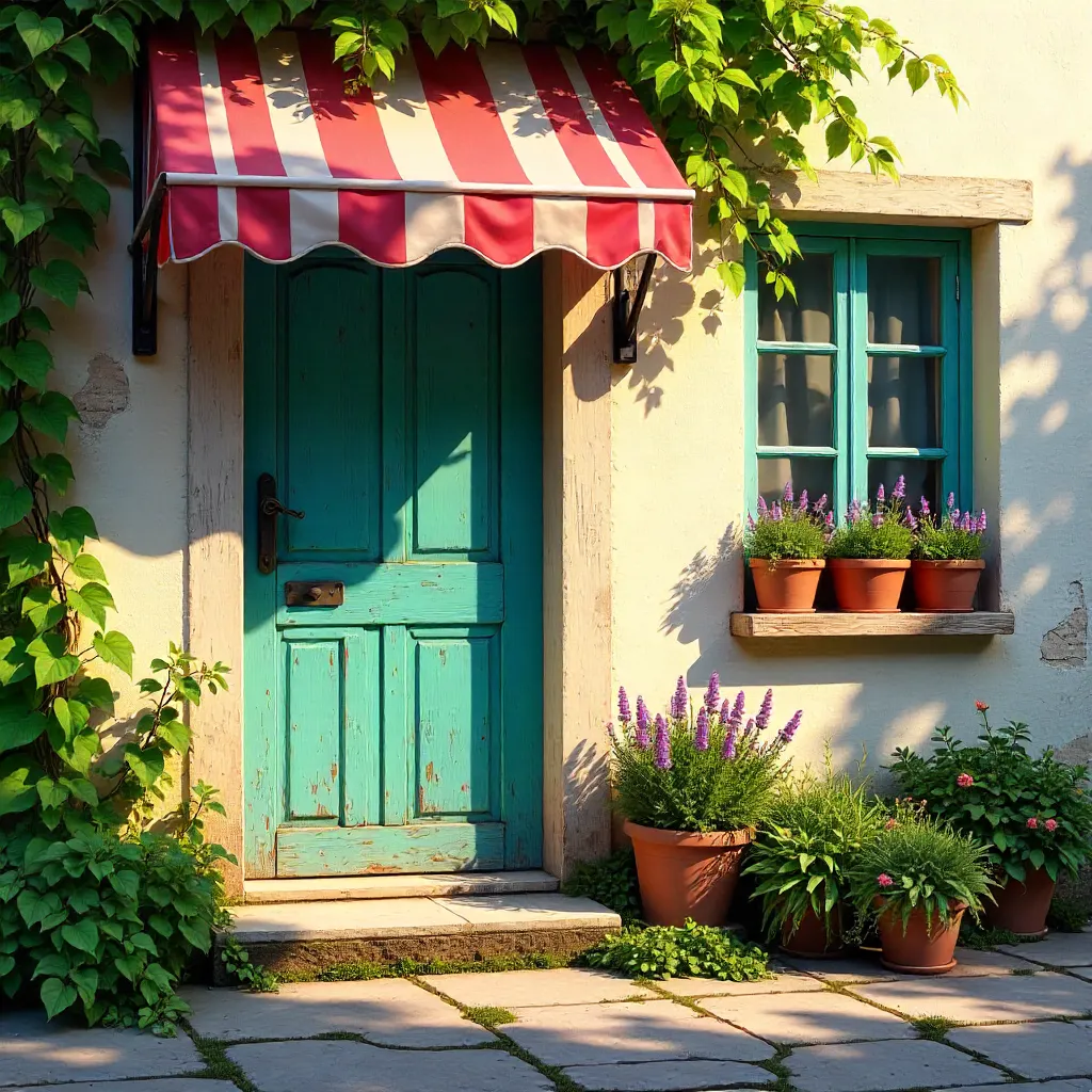 Sunlit Rustic Doorway with Striped Awning and Plants