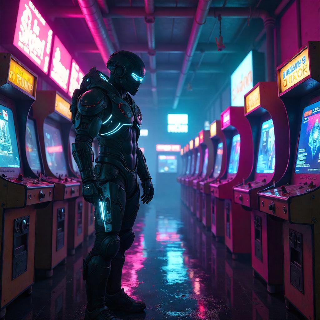 Cyberpunk Warrior in a Neon Arcade