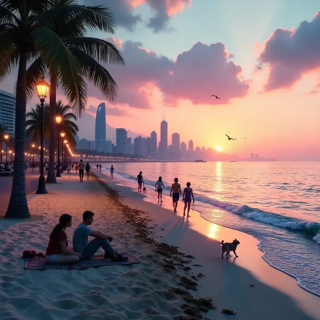 Dusk on a City Beach: Serene Shoreline and Skyline