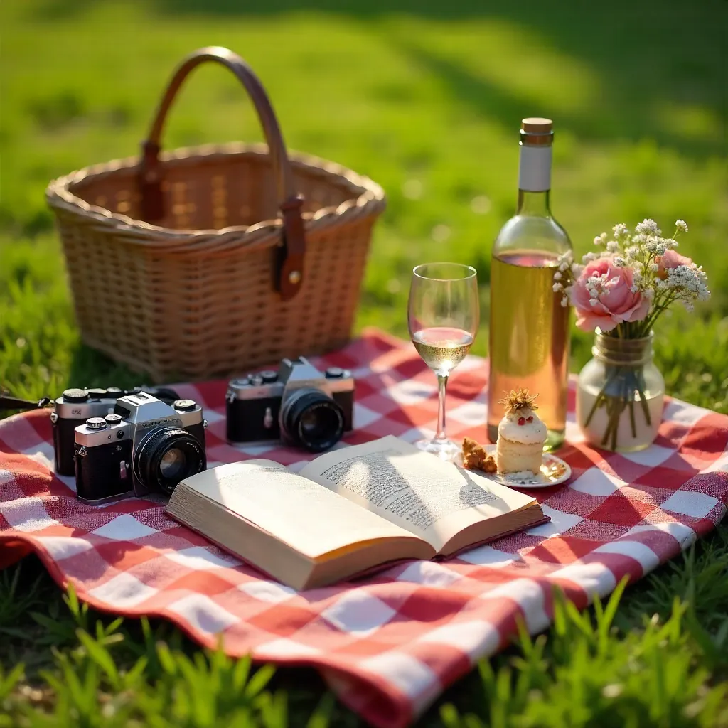 Vintage Picnic of Cameras, Book, and Desserts