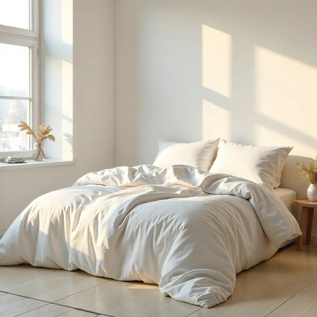 Cozy Minimalist Bedroom with Rumpled White Bedding