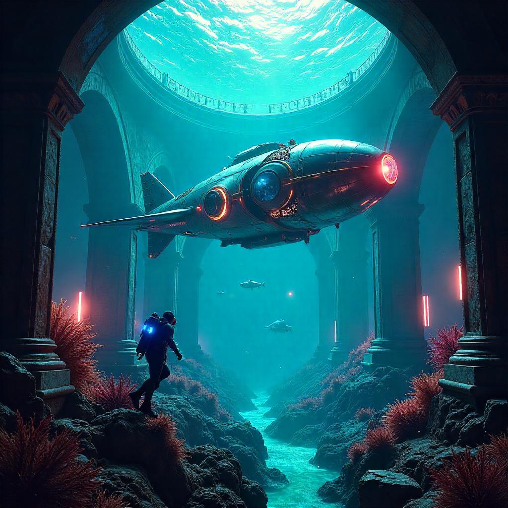 Neon Time Machine in Atlantean Cyberpunk Atlantis