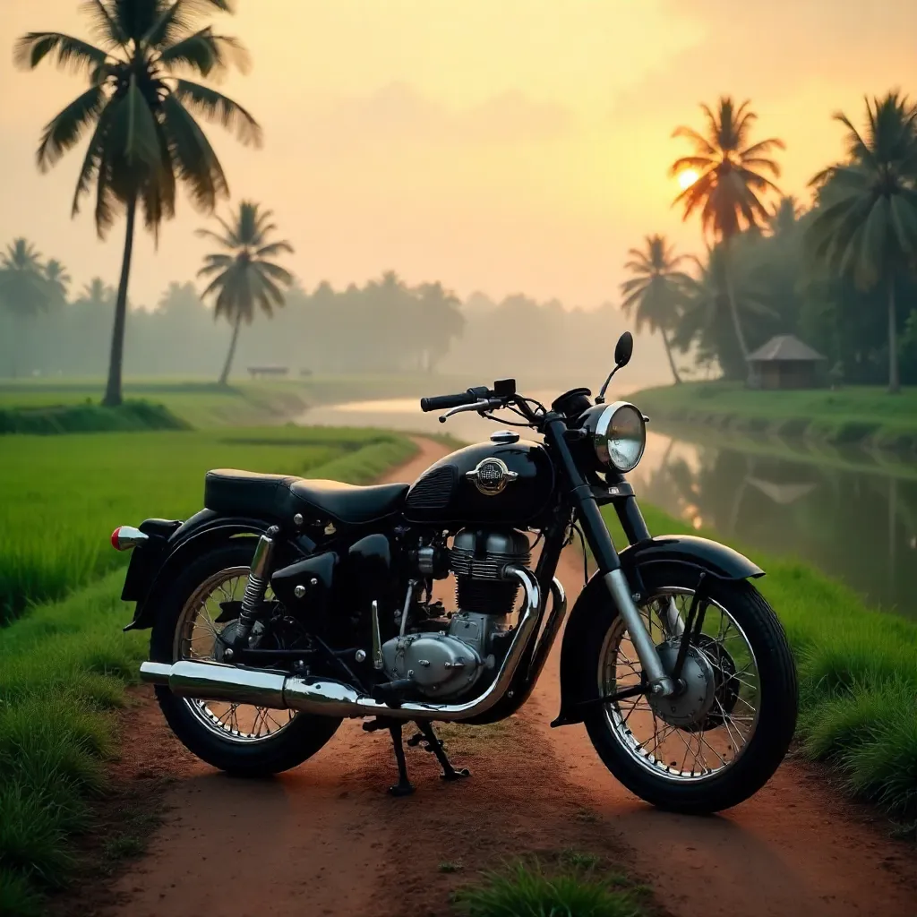 Black Vintage Motorcycle in Kerala Landscape at Golden Hour