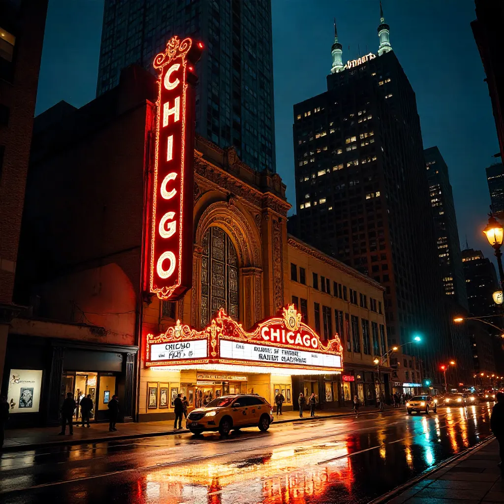 Iconic Chicago Theatre at Night on Busy Street