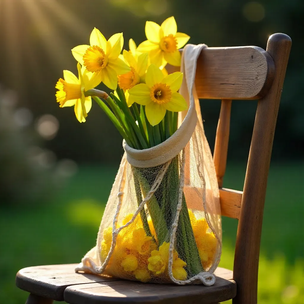 Daffodils in a Mesh Bag on a Rustic Outdoor Chair