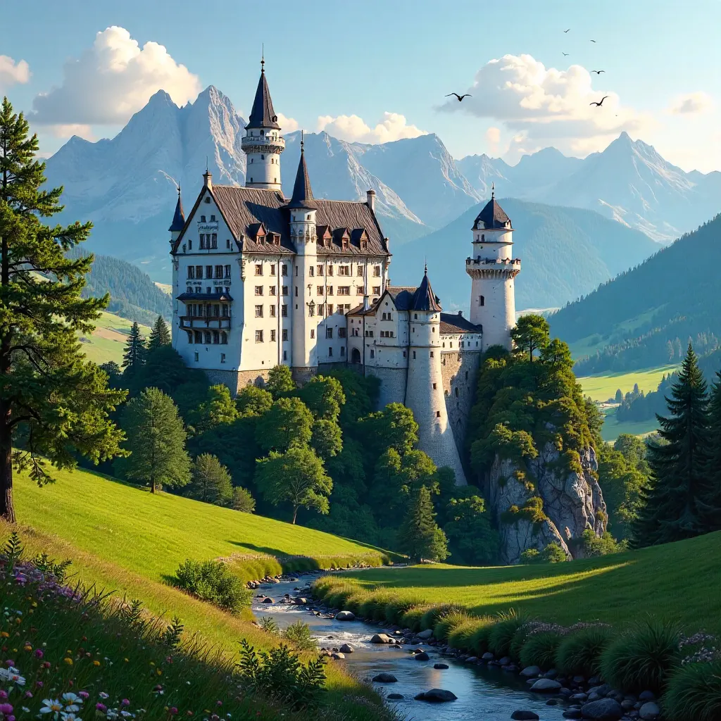 Neuschwanstein Castle in Alpine Forest Panorama