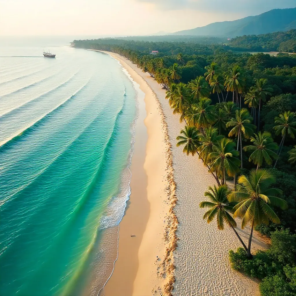 Serene Aerial Goa Beach: Palm Trees & Sands