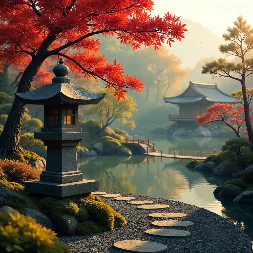 Autumn Tranquility in a Japanese Garden with Lantern
