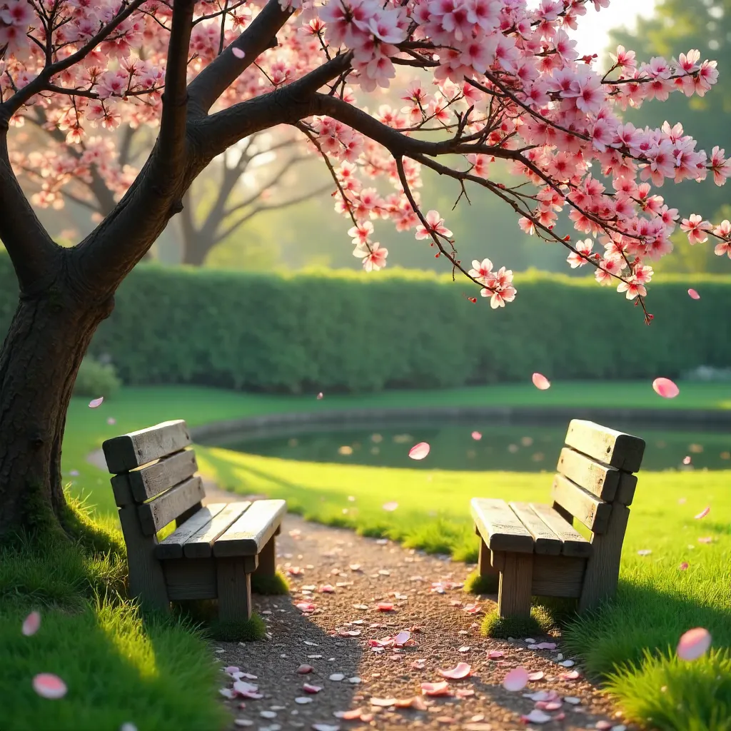 Serene Garden with Benches and Blooming Tree