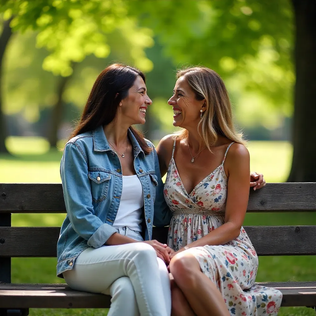 Two Adult Women Laughing on a Park Bench