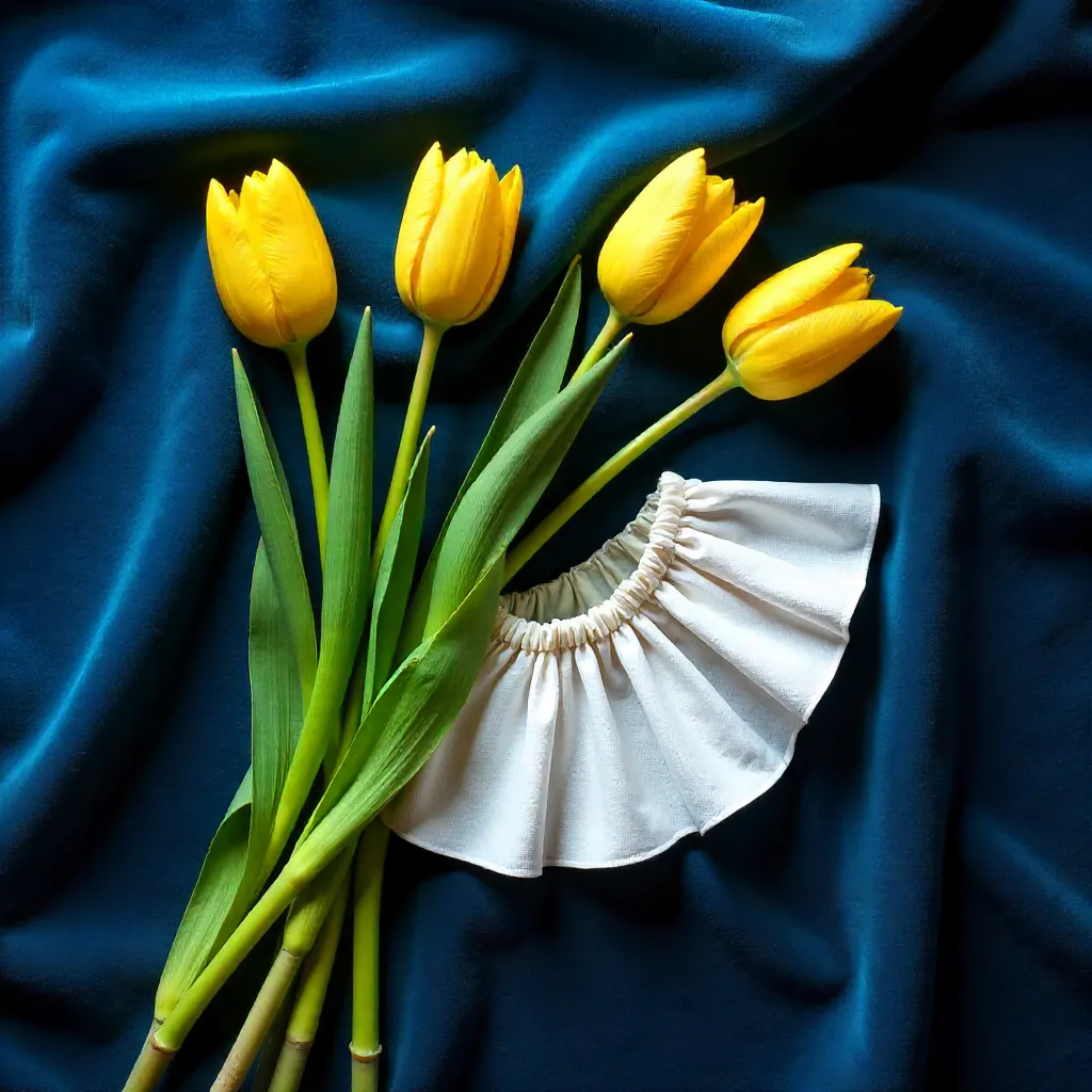 Vintage Flat Lay: Yellow Tulips & White Ruffled Collar