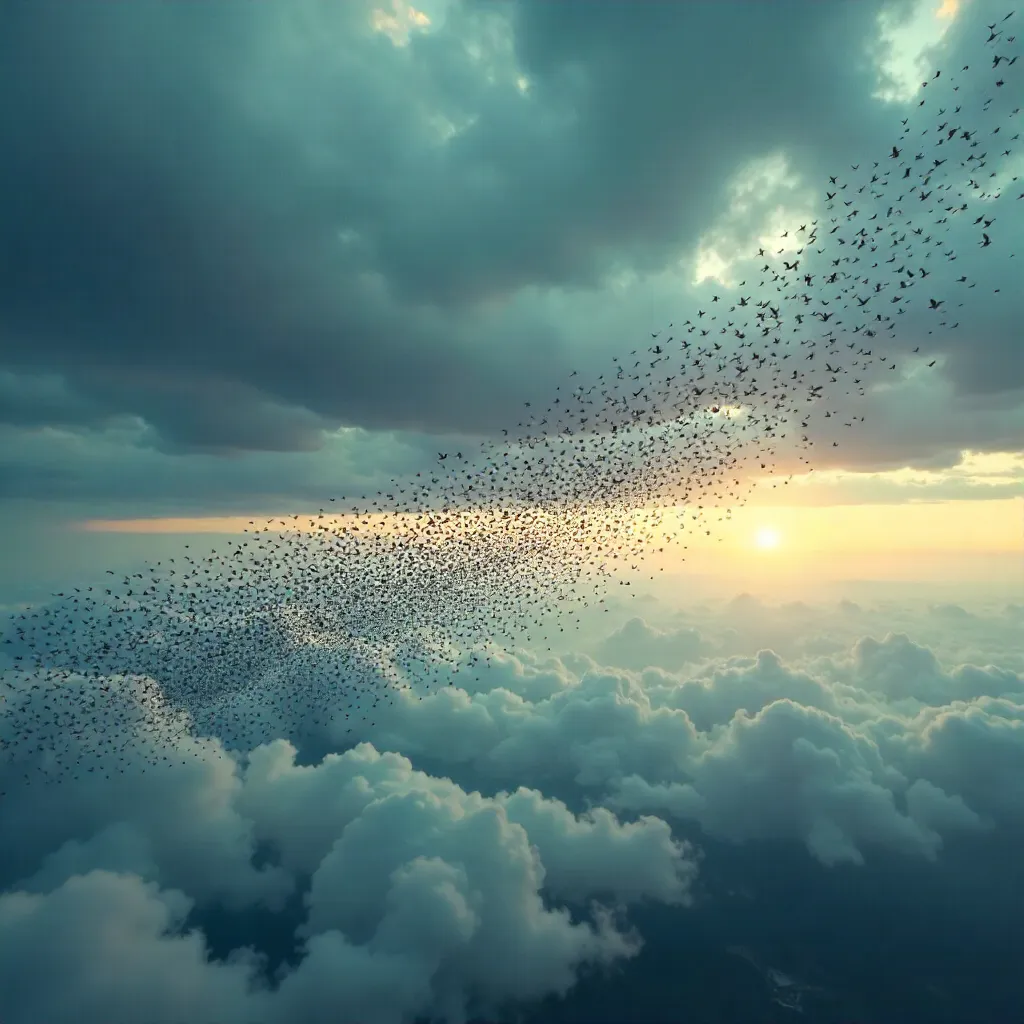 Migrating Birds Across a Moody Cloudy Sky