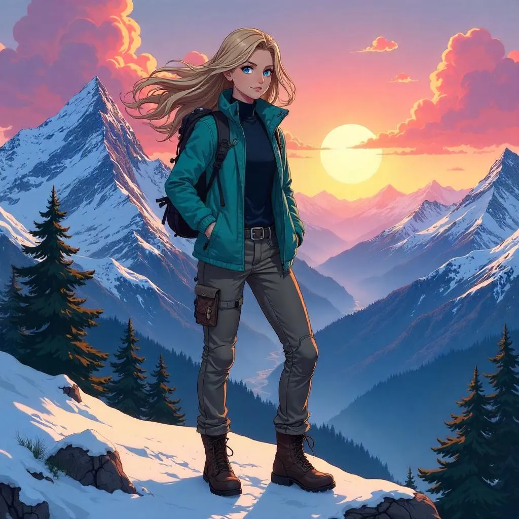 Confident White Woman on a Windy Mountain Summit in Anime Style