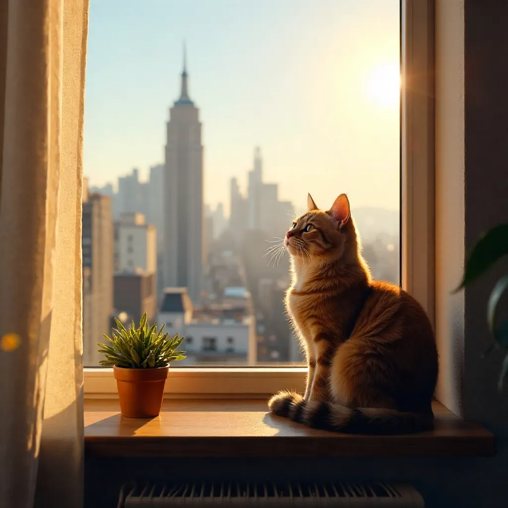 Sunlit Window Sill Cat in an Urban Apartment