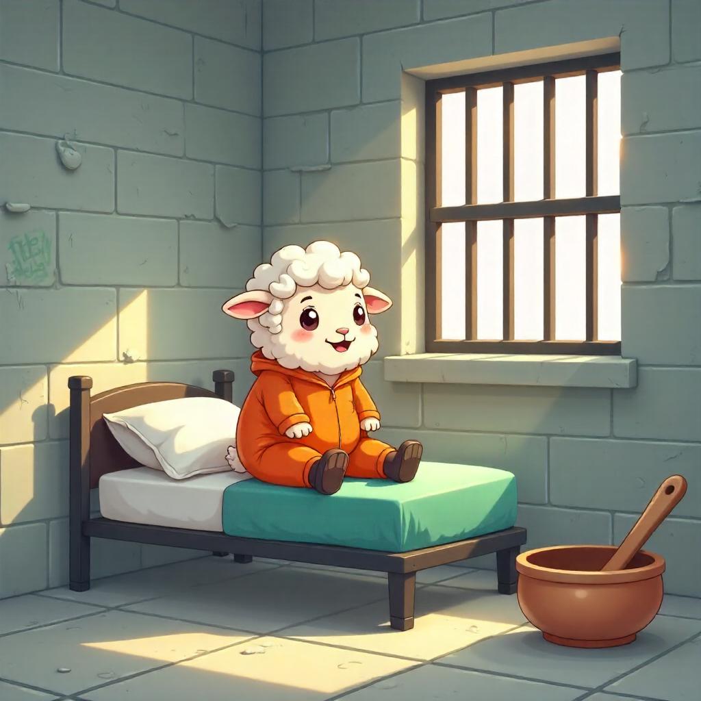Cartoon Sheep Behind Bars in a Cell
