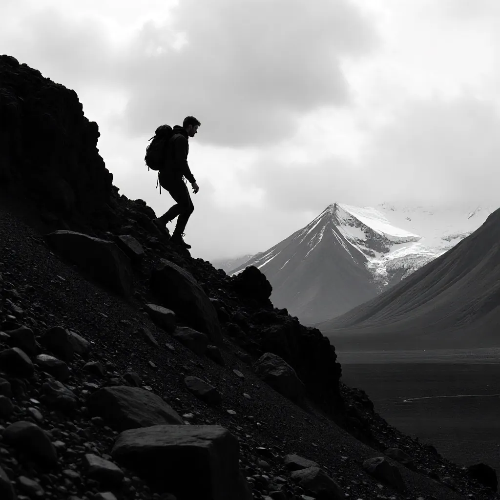 Black and White Silhouette: Climber on Icelandic Hill