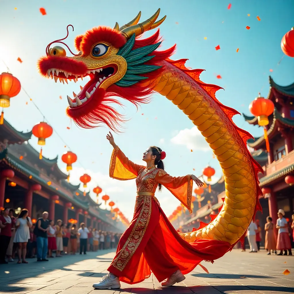 Colorful Dragon Dance Under Clear Blue Sky