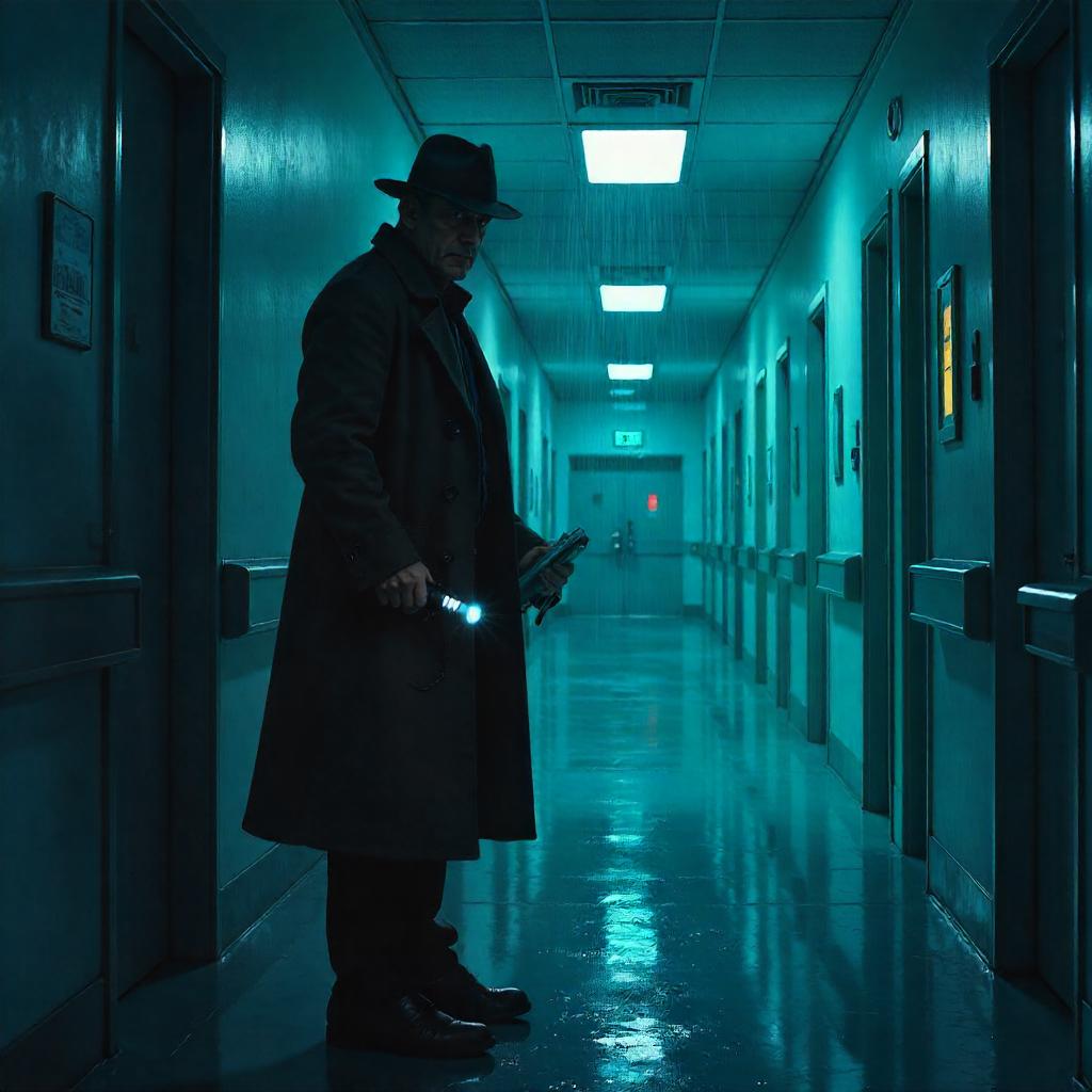 Noir Detective in a Neon Hospital Corridor