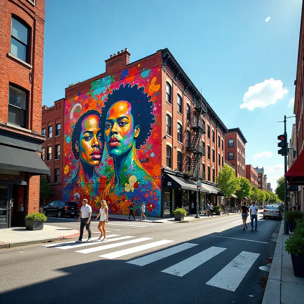 Sunny Street with Mural and Crosswalk